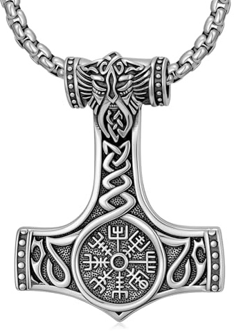 PDTJMTG Wikinger Thors Hammer Kette 925 Sterling Silber Nordische Kompass Mjölnir Anhänger für Herren Damen