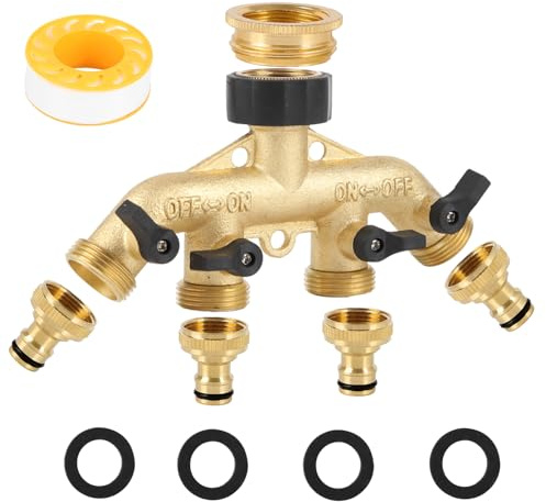 4-Wege-Messing-Wasserhahn, robuster Außenschlauch-Verteiler, Wasserrohr-Verteiler, individuelles Absperrventil mit 4 einzelnen 1,9 cm Wasserhähnen und 1,9 cm auf 1,27 cm Wasserhahnanschluss für