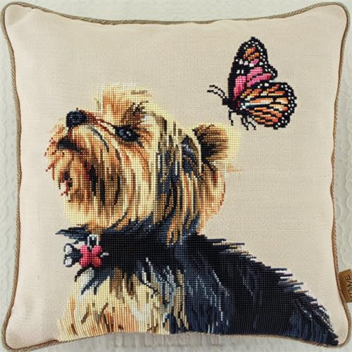 Kitquiver Kissen Knüpfen Set Erwachsene Yorkshire Terrier Tier Und Schmetterling Knüpfkissen-Sets,Grobes Kreuzstich-Set,Diy-Stickerei-Nadelspitzen-Kit Für Heimdekoration 17x17In