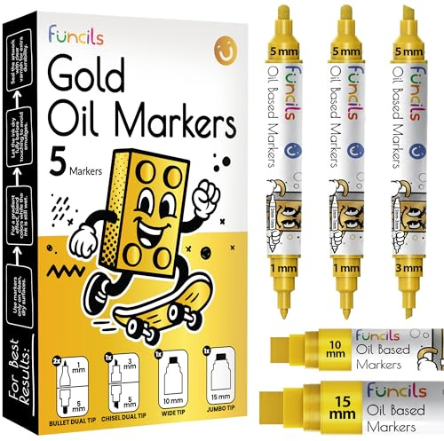 Funcils 5 Oil Gold Paint Pen (3 Dual Tip + 10mm, 15mm Jumbo) - Oil Based Paint Markers for Metal, Fabric, Glass, Automotive Tire, Furniture Touch Up Wood & Plastic Surfaces - Waterproof & Permanent