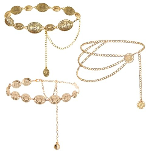 Solivive 3 Stück Gürtel Gold,Einstellbar Gürtel Festival Damen,Kettengürtel Gold Festival Western Cowboy Taillenkette Passend für Kleider, Jeans
