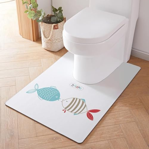Treer WC-Vorleger mit Ausschnitt, Toiletten Vorleger für Stand Kieselgur WC U-förmig Badematte Teppich rutschfest Weich Waschbar für Freistehende Toiletten (55 * 60cm,Niedlicher Fisch)