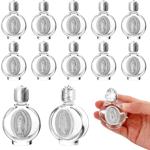 AHANDMAKER 12 botellas de agua bendita de 0.5 onzas líquidas en relieve, botellas de viaje de vidrio vacías portátiles con tapa, botella pequeña, decoración de iglesia para el hogar, eventos
