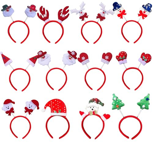 EUDUQ Haarreifen Weihnachten,12 Stück Weihnachts Stirnband,Haarreif Weihnachten,Weihnachtsbaum Weihnachtsmütze Weihnachtsmann Rentiergeweih,Weihnachtsdekoration Für Kinder Erwachsene