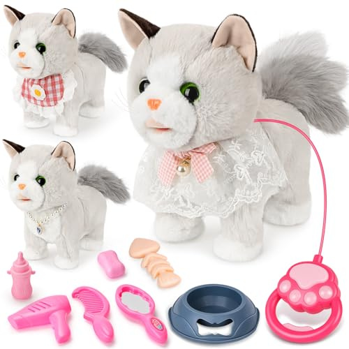 LumenVela Chat Interactif, Chat Robot avec Laisse et Accessoires Vestimentaires, Peluche Interactive Qui Court, Miaule et Remue la Queue Cadeau pour Filles de 4, 5, 6, 7, 8, 9 Ans