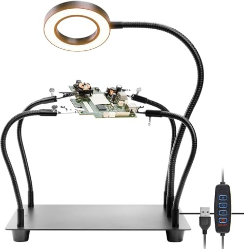 Helping Hands Soldering Station with 5X Magnifying Glass and Light, ELMCONFIG PCB Soldering Holder Metal Circuit Board Holder with 4 Flexible Metal Arms for Soldering, Assembly, Repair