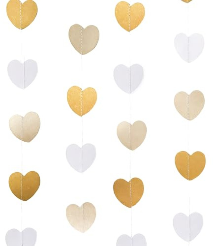 KLINNA 52Ft Weiß Gold Herz Girlande Hochzeit, 4 Stück 4m Metallisches Papier Hängende Girlande als Elegante Deko für Party, Jahrestag und den Romantischen Valentinstag