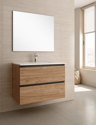 Aquore | Mueble de Baño Suspendido ORIKA con 2 Cajones y Lavabo | Prondidad 45 cm, Alto 60 cm | Tirador Negro | Estilo Moderno (Nogal Diamond, 59,5 cm x 45 cm x 59 cm)