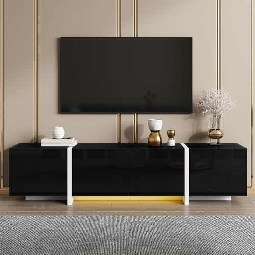 Generisch Support TV avec Bande LED, Armoire Basse, Armoire Noire laquée avec des Pieds Blancs Contrastants Ainsi Que des Portes et tiroirs élégants, 170 * 30 * 39 cm,Noir