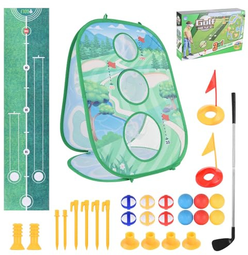 Vroomoto Golfspelmatta Set Kastningssats Bärbar Golfövning 3 i 1 Lekset för Barn Utomhus Inomhus (Golf spelmatta set)