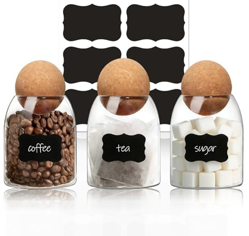Tea Coffee Sugar Canisters Set, Set of 3 Unique Cork Ball 500ml Glass Jars | Glass Jars with Lids and Sticker Labels, Coffee Jars & Tea Caddy for Coffee Station, Perfect Home and Kitchen