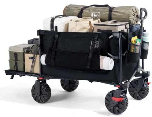 TIMBER RIDGE rullvagn vikbar 400 l extra lång med baklucka och bromsar | Strandvagn hopfällbar 180 kg lastbar handvagn med sidoficka mugghållare terräng- transportvagn för camping trädgård
