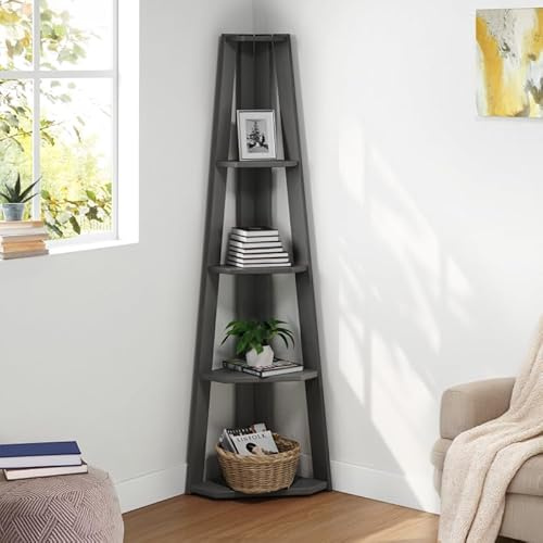 Corona Charcoal Corner Ladder Bookcase Solid Wood Pine Wooden Painted Dark Grey Bookshelf Bookcase Leaning Shelving Shelves Shabby Chic Display Unit Living Room Office 161cm High 61cm Wide 36cm Deep