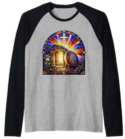 Resurrección Tumba Vacía Cruz Catedral Mosaico Arte Fe Camiseta Manga Raglan