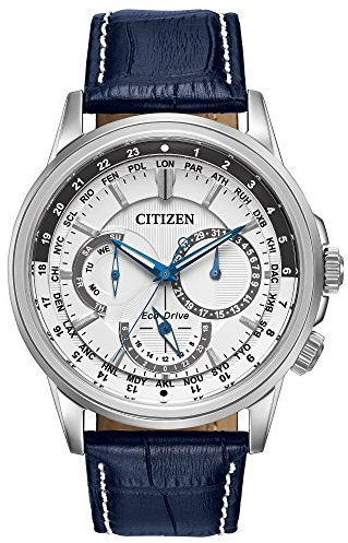 Citizen Men's Eco-Drive Calendrier Classic Watch in Stainless Steel with Navy Leather Strap, White Dial (Model: BU2020-02A)