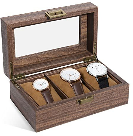 Uten Watch Box 3 Slots, Watch Case with Glass Lid, Wood Grain PU Leather Watch Display Storage Box with Removable Imitation Suede Watch Pillows, Metal Clasp, Gift Idea for Men and Women