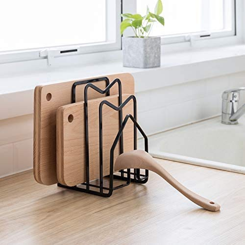 SUNIFCON Cutting Board Rack Chopping Board Organizer Stand Holder Kitchen Countertop Pots Pan Lids Rack Organizer Flat Steel 4.92’’Lx5.71‘’Wx8.46H Black