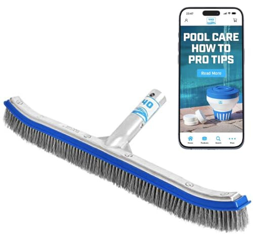 440 Heavy Duty Pool Brush - 18-inch Extra-Wide Metal Brush Head with Stainless Steel Wire Bristles & Curved Edges for Cleaning Pool Tiles, Walls, Floor, Steps (Stainless Steel)