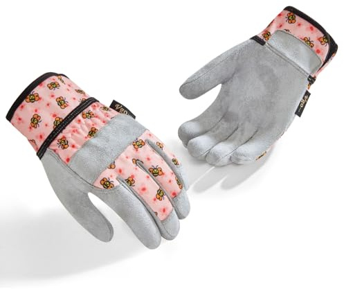 Vgo... Kids Garden Gloves in Leather Palm No-slip, Children Toddler Work Gloves for Gardening Yard Paly Outdoor Gift Boys&Girls, 1 pair