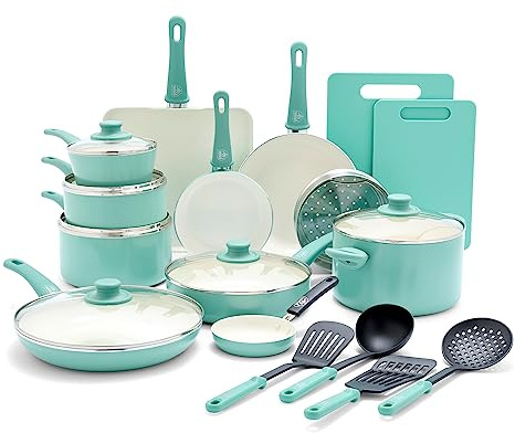GreenLife Soft Grip 23 Piece Kitchen Cookware Pots and Frying Saucepans Set, Healthy Ceramic Nonstick PFAS and PFOA-Free, Dishwasher and Oven Safe, Even Heating, Easy Clean, Warp Control, Turquoise