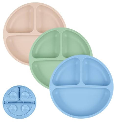 Vicloon Baby Teller, 3Pcs Silikon Rutschfester Tischset, Saugnapfschale für Babys, BPA Frei, Geteilte Standfeste Babyteller Kleinkind Teller für Kleinkind und Kinder(Dunkel Gefärbt)