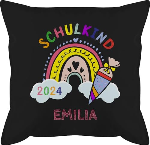 Kissen 50x50 - Einschulung - Schulkind 2025 Regenbogen - 50 x 50 cm - Schwarz - geschenke schulanfang schulanfänger schultüte personalisiertes 1. schultag schul zuckertüte personalisierte schule