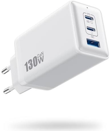 130W USB C Ladegerät, 3-Port PD QC Schnellladegerät GaN III Netzteil, 65W Laptop Ladegerät Kompatibel mit MacBook Pro/Air, ThinkPad, Dell XPS,i Pad Pro, iPhone 16/15/14, Galaxy S23, SteamDeck - Weiß