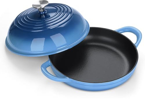 E-far Dutch Oven for Sourdough Bread Baking, 6 Qt Round Enameled Cast Iron Dutch Oven for Homemade Artisan Bread, Dome Lid & Shallow Base, Matte Black Interior & Durable, Oven-Safe to 500℉, Blue