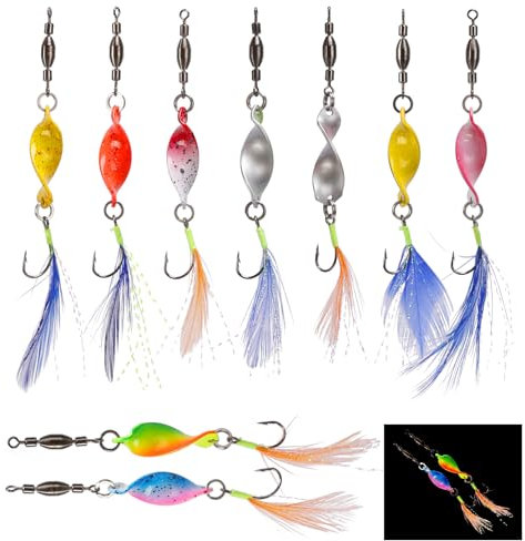 LAENRMRU 10 Stück Blinker Angeln Set UV Aktive Leuchtende Spinner Angelköder Forellen Spoon Twister Forellenköder mit Feder Pailletten Metall Angelzubehör für Forelle Barsch Zander Hecht Lachs