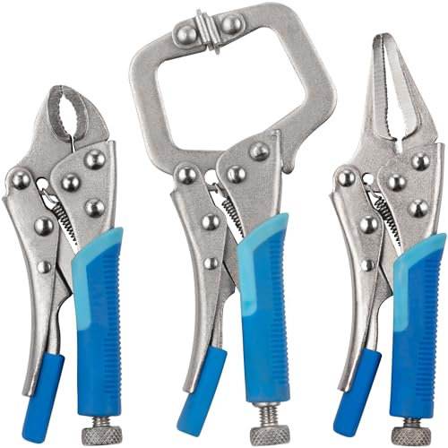 Hardys Hand Tools - 3pc Mini Locking Pliers Set - 4 Curved, 5 Long Nose, 5 C Clamp Pliers - Heat Treated Carbon Steel, Adjustable Head Width, Quick Release Lever, Rubber Grip