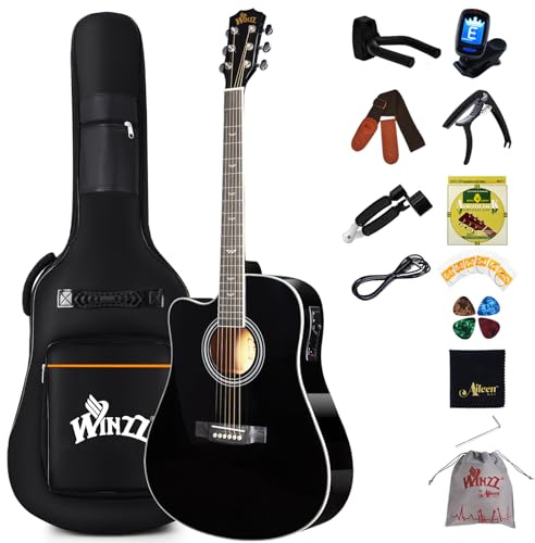 Winzz 4/4 Electro Acoustic Guitar, Left-Handed Western Guitar Set, Adult Beginners, Acoustic Guitar 41 Inch with 4-Band Equaliser (Dreadnought,Glossy Black)