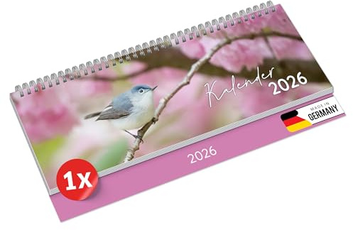 PRIMUS PRINT Calendario de mesa 2026 horizontal semanal – 64 páginas agenda y calendario anual – 297 x 130 mm – 75 g de papel natural, encuadernación con peine de alambre, días festivos y vacaciones