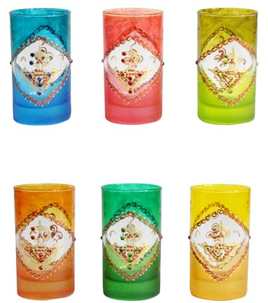 Lot de 6 verres à thé marocains multicolores décorés à la main peints à la main avec un motif de fibule berbère en relief avec perles (Réf. TG1)