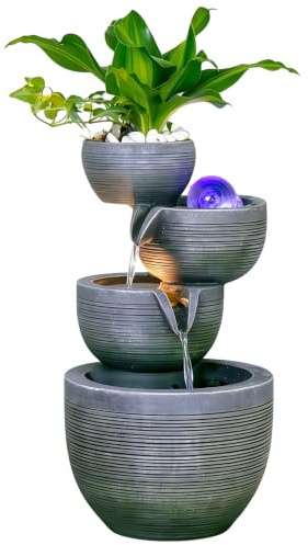 Inomhusfontän med LED-belysning, trädgårdsfontän, cirkulerande vattenspel, fontän, terrassfontän, lyckosam dekoration för inomhus- och utomhusbruk 20 x 22 x 37 cm