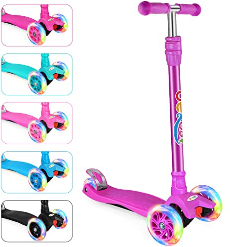 BELEEV Scooters for Kids 3 Wheel Kick Scooter for Toddlers Girls Boys, 4 Adjustable Height, Lean to Steer, Light up Wheels, Extra-Wide Deck, Easy to Assemble for Children Ages 3-12 (Dark Lilac)