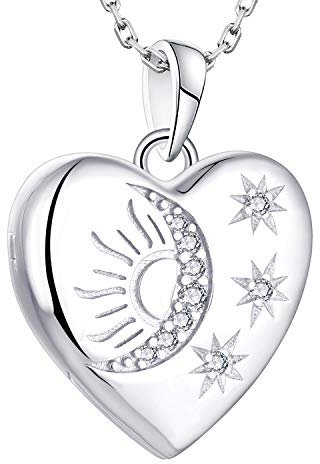 Starnny Herz Medaillon zum Öffnen für Bilder 925 Silber Foto Medaillon Anhänger Halskette mit Stern/Mond/Sonne Geburtsstein Anhänger Geschenke für Familie