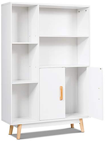 GIANTEX Kommode weiß, Sideboard Wohnzimmerschrank aus Holz, 5 Fächer & 2 Türen, Beistellschrank Anrichte Highboard für Badezimmer Küche Flur