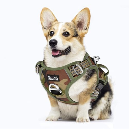 Eyein Hundegeschirr für Hunde mit 2 Clips und leicht zu bedienendem Griff | Anti Zug Brustgeschirr für mittelgroße Hunde, Verstellbare & reflektierende Geschirr für tägliches Training (Tarngrün, M)