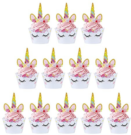 Einhorn Muffin Deko 12 Set, Opret Einhorn Tortendeko Cupcake Toppers, Einhorn Geburtstagsdeko Kuchendeckel Kuchen Deko Muffin Deko, Cupcake Deko Wrappers für Geburtstagsfeier Hochzeiten Dessert