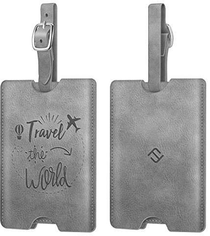 Fintie Kofferanhänger aus Kunstleder, [2 Stück] Gepäckanhänger ID Etikett mit Adressschild Namenschild für Reisetasche Koffer, Vintage Grau