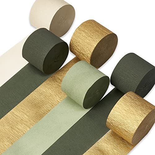PartyWoo Krepppapier-Luftschlangen 6 Rollen 150 m, Packung mit Metallic-Gold, Jägergrün, Salbeigrün, Elfenbein-Krepppapier für Geburtstagsdekorationen, Partydekorationen, Hochzeitsdekorationen (4,6 cm