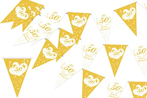 Fangleland Goldene Hochzeit Deko Banner, 50 Jahre Goldene Hochzeit Wimpelkette Girlande Banner zur Dekoration für 50 Hochzeitstag Deko Drinnen Draußen