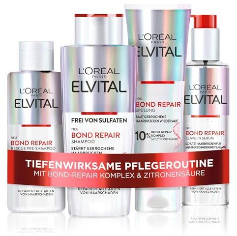 L'Oréal Paris Elvital Bond Repair Pflegeset zur Haarreparatur mit Pre-Shampoo, Shampoo, Spülung und Leave-In Serum für weniger Haarbruch & mehr Glanz, mit Bond-Repair-Komplex & Zitronensäure, 4-teilig