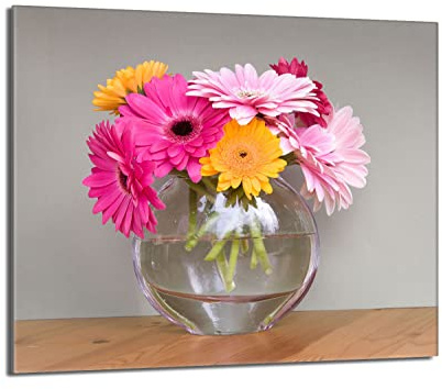 DarHaus Plaque de recouvrement, 60 x 52 cm, en verre, pour cuisinières électrique, à induction, convient comme décoration, protection anti-éclaboussures ou planche à découper, Gerberas Coloré