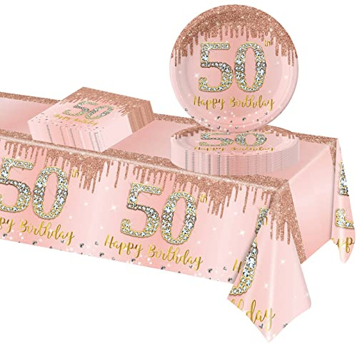 POPOYU 50. Geburtstag Partygeschirr Set,37 Stück Pappteller 9 Zoll Servietten Tischdecke 50. Geburtstag Frau,Roségold Geburtstagsdeko für 50. Geburtstag.Frauen Party Dekoration Partyzubehör