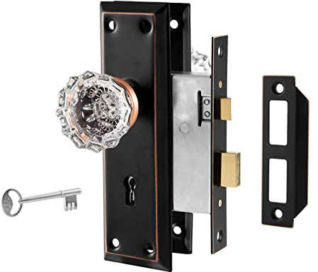 Newliplace Upgraded Mortise Lock Set for Interior Door, Antique Vintage Style Crystal Glass Door Knobs with Skeleton Key, Reversible for Left & Right Handed Door, Oil Rubbed Bronze Finish