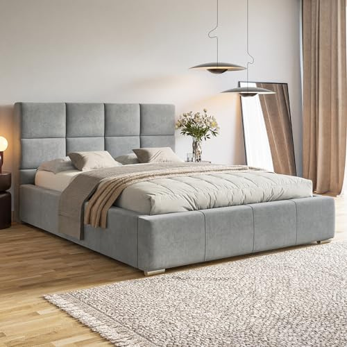 MOTIVENA Luna Bett 180x200 Grau Samt, mit Stauraum, mit Kopfteil, mit Lattenrost, mit Füßen, ohne Matratze, Polsterbett 180x200 mit Bettkasten Grau (Hellgrau)