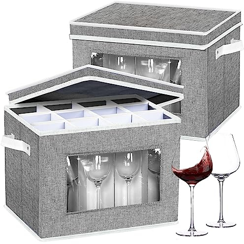 homyfort 2 Pack Stemware Storage Cases, Wine Glass Storage Box with Dividers, China Crystal Glass Storage Containers Organizer for 24 Glassware Moving and Protection (Grey)
