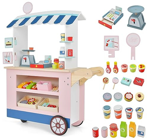 Wooden Grocery Store Marketplace Toy, Colorful Market Stand Pretend Play Set with Universal Wheel Food Scale Cash Register and 30 Accessories, Shop Playset Gift for Ages 3+