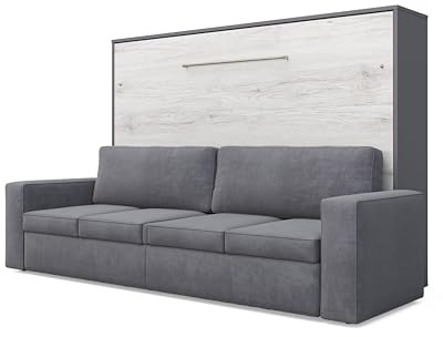 MAXIMAHOUSE Schrankbett horizontale mit Sofa, Invento LED 160H mit Lattenrost aus Holz, Wandklappbett 160x200 Erwachsene, modern Concept und Design, stabil,praktisch (Grau/Eiche Monaco + graues Sofa)